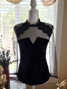 Black Velvet & Sheer Dot Lace Long Sleeve Top